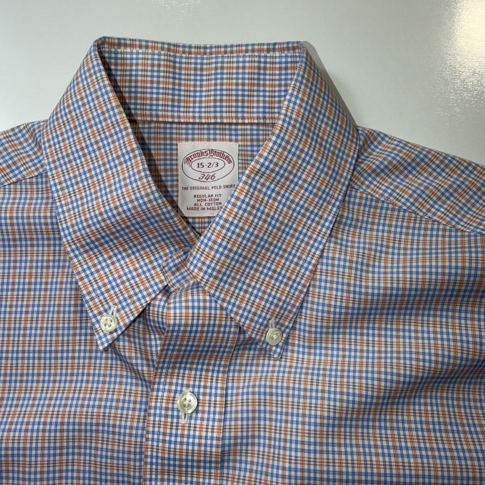 Brooks Brothers 346 Shirt Men 15 2/3 Blue Orange, White Plaid Long Sleeve Button